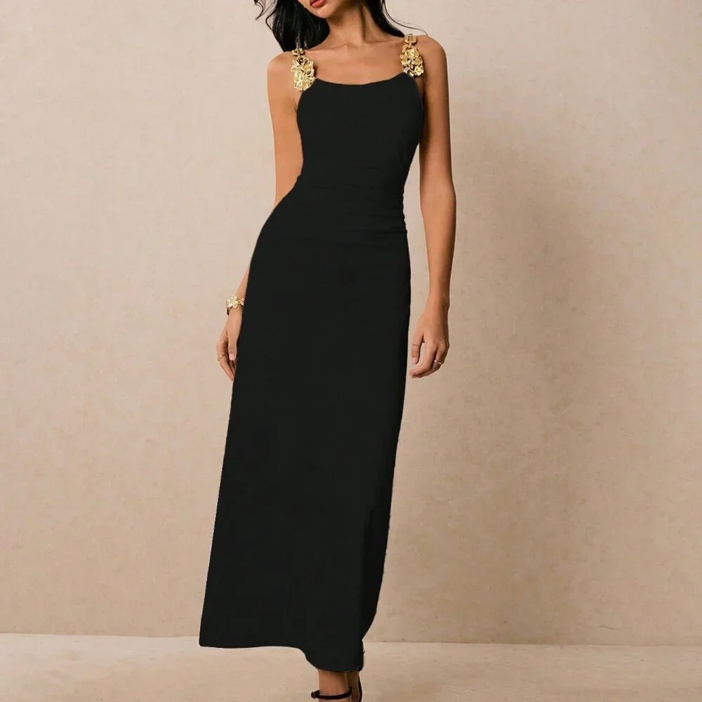 Black Elegant Women's Metallic Floral Fitted Dress
